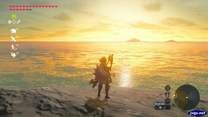A beautiful sunrise at Mapla Point in The Legend of Zelda: Breath of the Wild for Nintendo Switch.