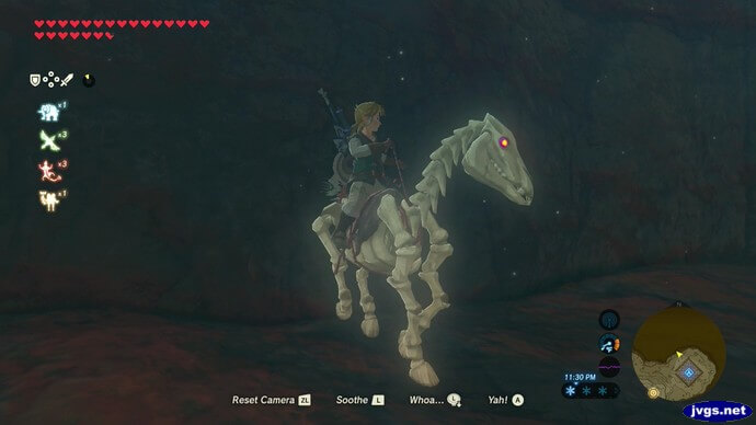 Link rides a Stalhorse in The Legend of Zelda: Breath of the Wild.