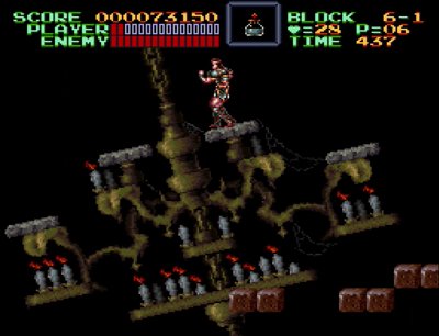 Simon Belmont jumps on a huge chandelier in Stage 6-1 of Castlevania IV on Super Nintendo (SNES).