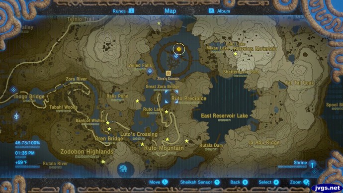 A map showing the locations of the ten Zora stone monuments in Zora's Domain in The Legend of Zelda: Breath of the Wild (BOTW).