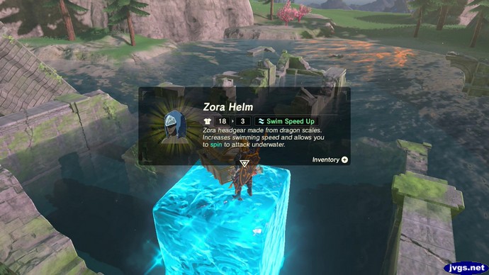 Picking up the Zora Helm in Zelda: Breath of the Wild.