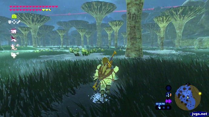 Link walks through the bog in Zelda BOTW.