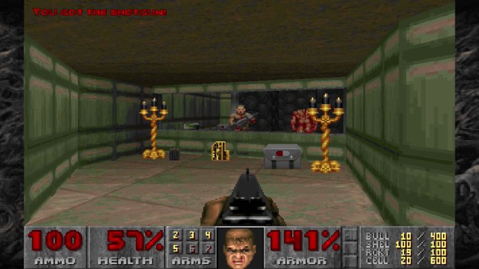 The player uses a shotgun in this gameplay screenshot of Doom (1993) on Nintendo Switch.