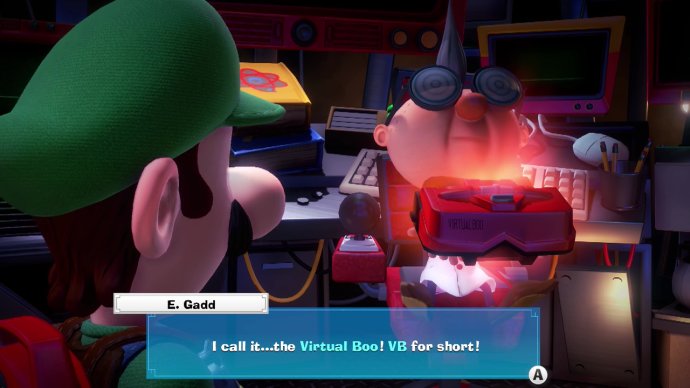 Luigi's Mansion 3 screenshot. E. Gadd: I call it...the Virtual Boo! VB for short!