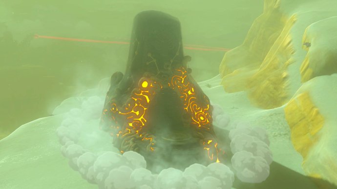 A new orange shrine pops up out of the ground in Zelda: BOTW.
