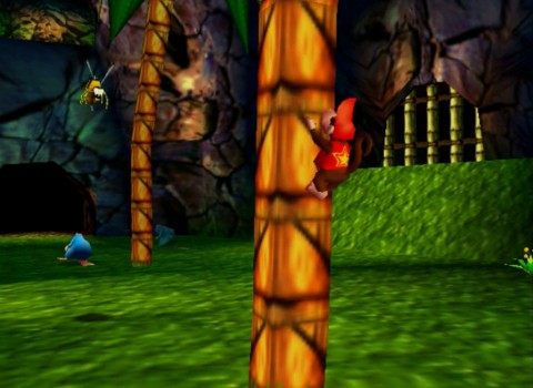 Diddy Kong climbs a tree in Donkey Kong 64.