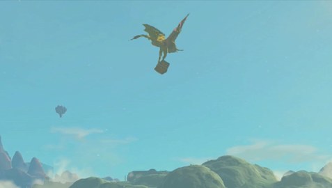 An Aerocuda flying around, carrying a treasure chest in The Legend of Zelda: Tears of the Kingdom.