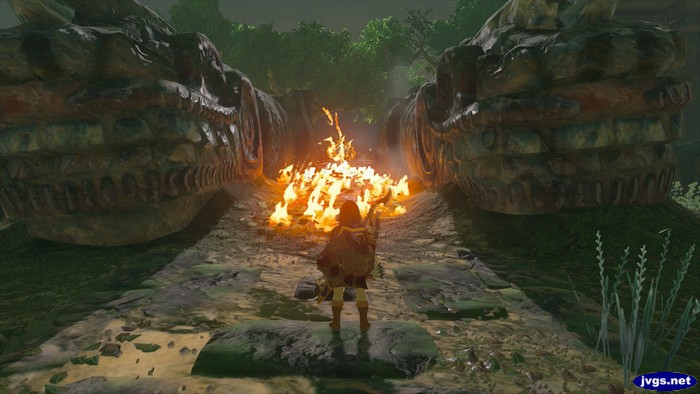 A fire burns between two dragons in Zelda TotK.