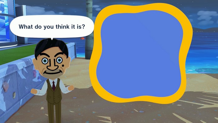 Mr. Bean, in a Zoom Quiz: What do you think it is? (Screenshot of Tomodachi Life: Living the Dream)