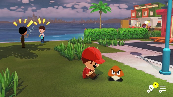 Mario plays with his new Goomba pet, as Mr. Bean and Jeff blow bubbles in the background.