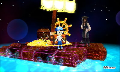Riding a raft with Captain Jack Sparrow in Disney Magical World 2.