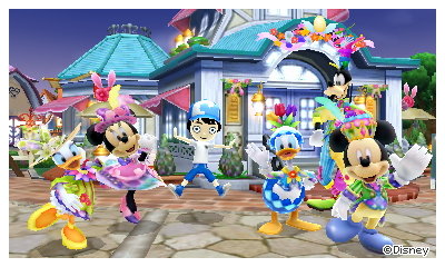 A commemorative photo of Daisy, Minnie, Donald, Goofy, and Mickey Mouse in their Easter costumes.