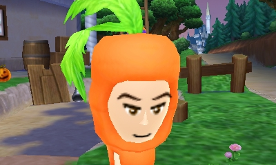 A person wearing a carrot suit blocks the screen.