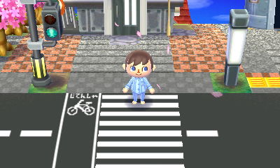 The streets, sidewalks, and crosswalk of the city themed dream town of Highway in Animal Crossing: New Leaf.