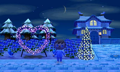An illuminated heart and tree in the New Leaf dream town of Sutton.