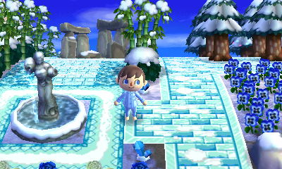 A statue fountain in the New Leaf dream town of Sutton.