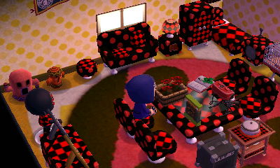 Polka-dot furniture customized in black and red in the dream town of Titania.