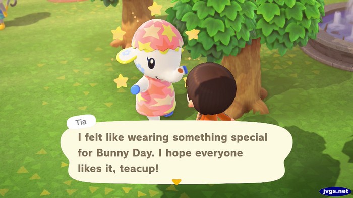 Tia, wearing a cute egg costume: I felt like wearing something special for Bunny Day. I hope everyone likes it, teacup!