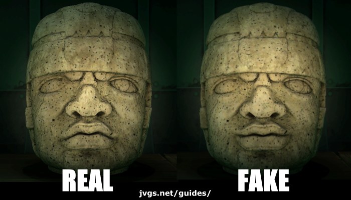 Rock-head statue: real vs. fake.