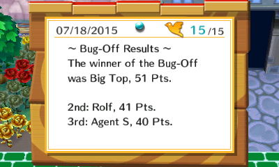 Bug-Off Results: The winner of the Bug-Off was Big Top, 51 points.