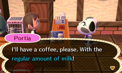Portia ordering coffee at the Roost (ACNL)