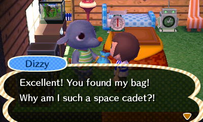 Dizzy: Excellent! You found my bag! Why am I such a space cadet?!