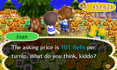 Joan: The asking price is 101 bells per turnip. What do you think, kiddo?