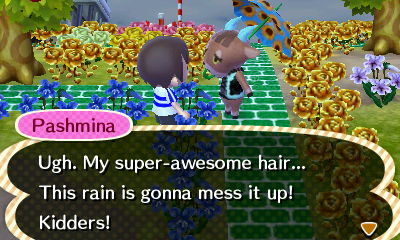 Pashmina: Ugh. My super-awesome hair... The rain is gonna mess it up!