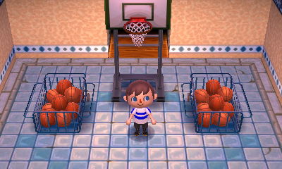 A blue-trim wall and bath tile in my basketball-themed room.