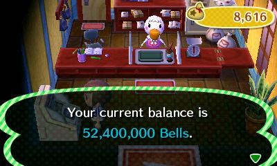 Your current balance is 52,400,000 bells.