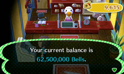 Your current balance is 62,500,000 bells.