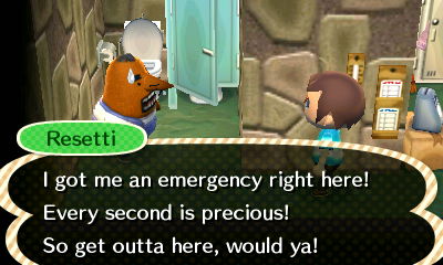 Resetti at his toilet: I got me an emergency! Get outta here, would ya!
