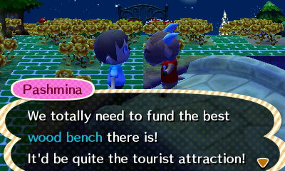 Pashmina: We totally need to fund the best wood bench there is! It'll be quite the tourist attraction!