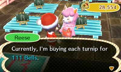Reese: Currently, I'm buying each turnip for 111 bells.