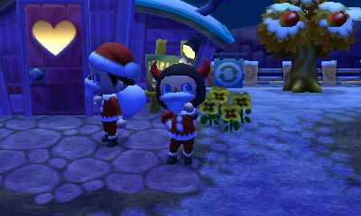 Trying on the red-horned hat.