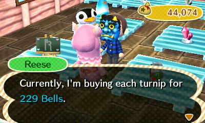 Reese: Currently, I'm buying each turnip for 229 bells.