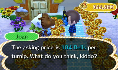 Joan: The asking price is 104 bells per turnip. What do you think, kiddo?