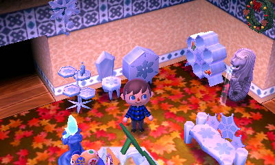 A blue-trim wall and autumn floor.