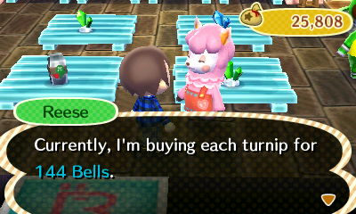 Reese: Currently, I'm buying each turnip for 144 bells.