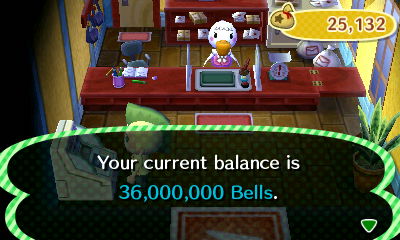 Your current balance is 36,000,000 bells.