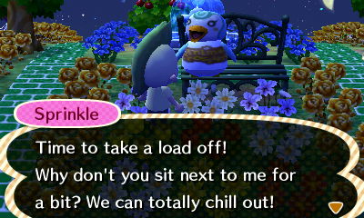 Sprinkle: Time to take a load off! Why don't you sit next to me for a bit?