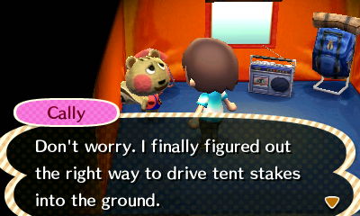 Cally: Don't worry. I finally figured out the right way to drive tent stakes into the ground.