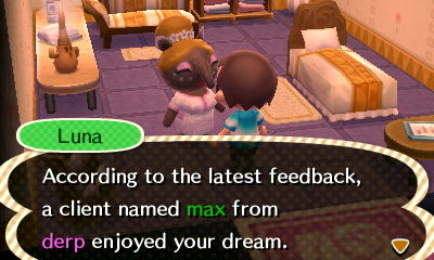 Luna: According to the latest feedback, a client named Max from Derp enjoyed your dream.