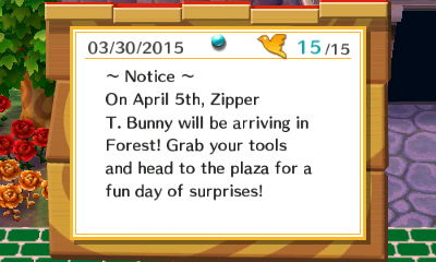 ~ Notice ~ On April 5th, Zipper T. Bunny will be arriving in Forest!