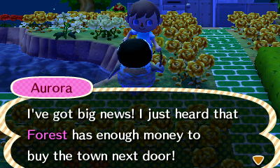 Aurora: I've got big news! I just heard that Forest has enough money to buy the town next door!