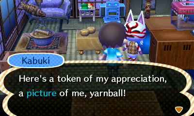 Kabuki: Here's a token of my appreciation, a picture of me, yarnball!