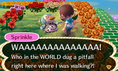 Sprinkle: WAAAAAAAAAAAAAA! Who in the WORLD dug a pitfall right here where I was walking?!