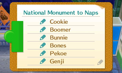 National Monument to Naps signatures: Cookie, Boomer, Bunnie, Bones, Pekoe, Genji.