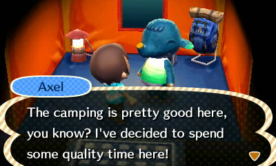 Axel: The camping is pretty good here, you know? I've decided to spend some quality time here!