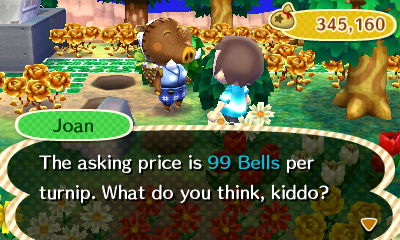 Joan: The asking price is 99 bells per turnip. What do you think, kiddo?